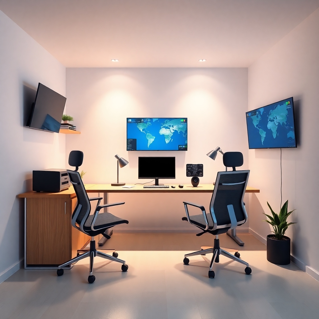 Create a photorealistic image of a modern, fully equipped virtual office space. The space includes a comfortable desk, ergonomic chair, high-speed internet, and video conferencing equipment. The lighting is soft and inviting, creating a professional and productive atmosphere. The background is clean and minimalist, emphasizing the functionality of the space. 4K resolution, high quality.