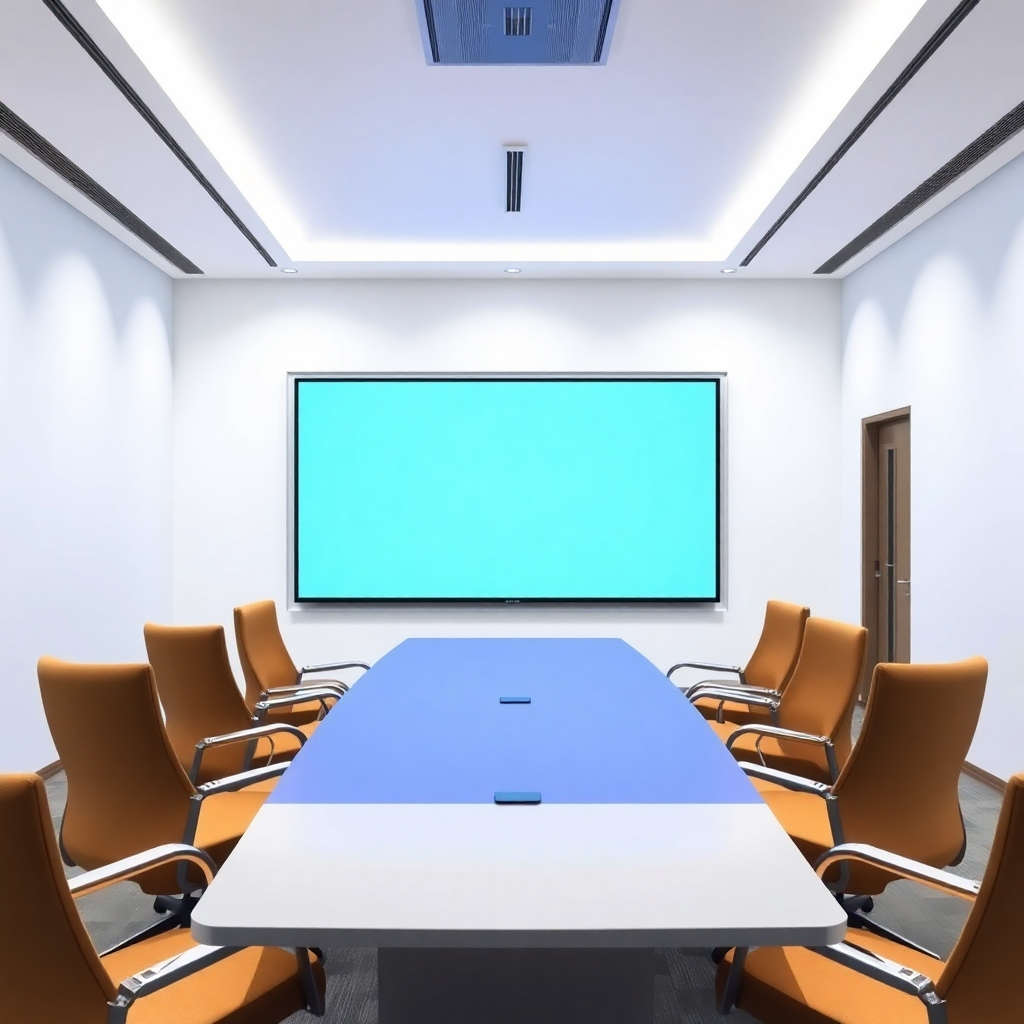 Create a photorealistic image of a well-appointed meeting room, with comfortable chairs, a large conference table, and a high-resolution display screen. The lighting is bright and professional, creating a conducive environment for collaboration and decision-making. The background is clean and minimalist, emphasizing the functionality of the space. 4K resolution, high quality.