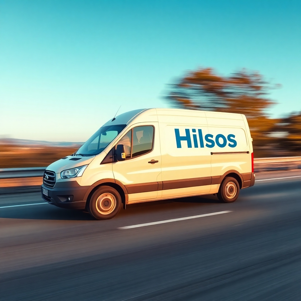 Create a photorealistic image of a delivery van with the Hilsos logo speeding down a highway, under a clear blue sky. The van is modern and well-maintained, symbolizing efficiency and reliability. The background features blurred scenery to emphasize speed. The lighting is bright and natural, conveying a sense of urgency. 4K resolution, high quality.