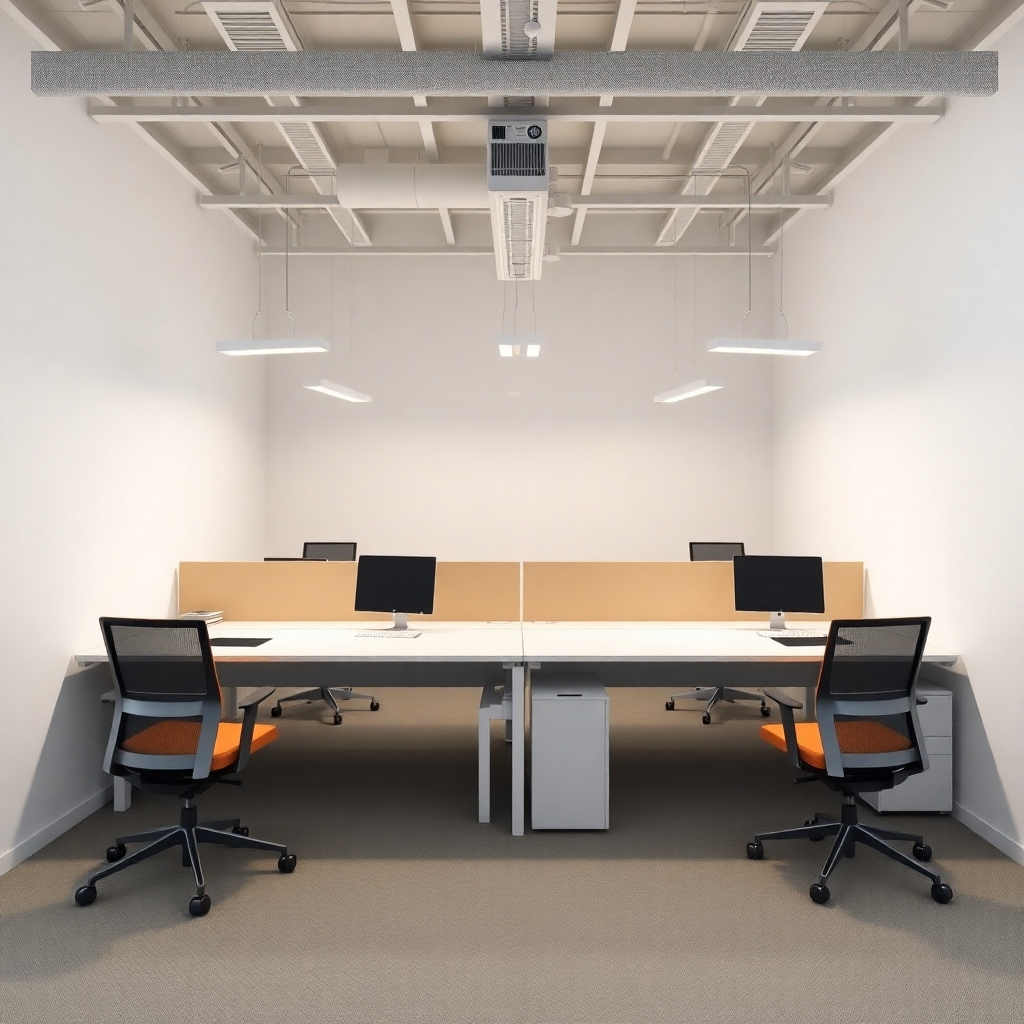Create a photorealistic image showcasing the customization options available with Hilsos. The image should feature a modular workspace that can be easily configured to different layouts. The lighting should be bright and adaptable, with a color palette of neutral tones. The style should be clean and professional, with a focus on flexibility and adaptability. Relevant elements include adjustable desks, ergonomic chairs, and customizable storage solutions.