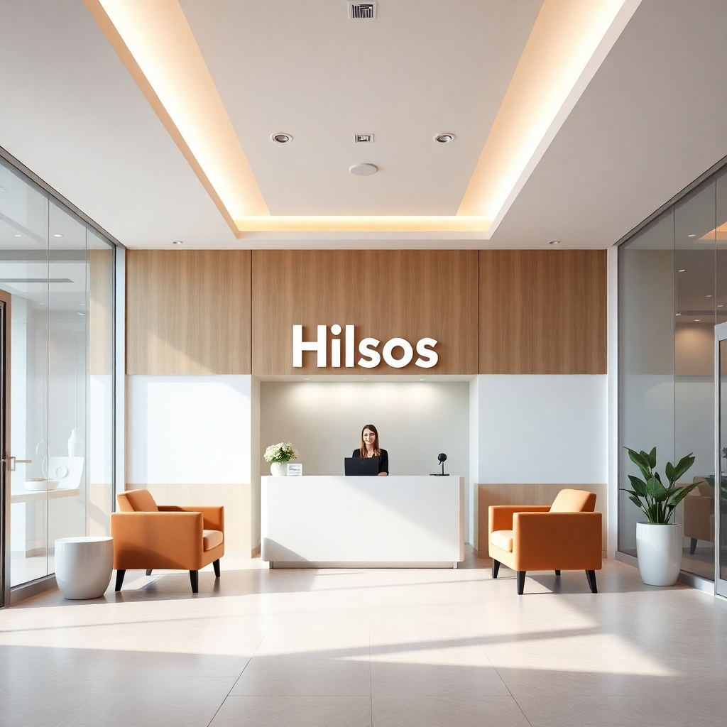 Create a photorealistic image of the entrance to Hilsos's virtual office. The image should feature a modern and welcoming reception area, with a Hilsos logo prominently displayed. The lighting should be bright and inviting, with a color palette of neutral tones. The style should be clean and professional, with a focus on hospitality and customer service. Relevant elements include a reception desk, comfortable chairs, and a welcoming receptionist.