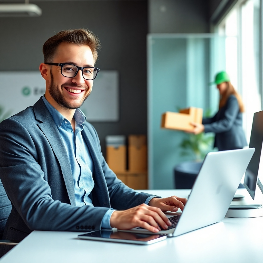 Create a photorealistic image showcasing the benefits of using Hilsos. The image should feature a businessman smiling confidently while using a laptop in a comfortable office setting. In the background, a delivery person is discreetly handing over a package. The lighting should be soft and natural, with a color palette of blues, greens, and grays. Relevant elements include a modern desk, a comfortable chair, and a well-organized workspace.