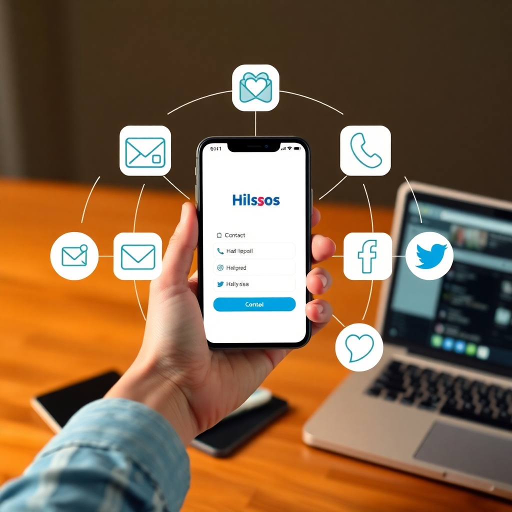 Create a photorealistic image showcasing various communication channels for Hilsos. The image should feature a hand holding a smartphone displaying the Hilsos contact page, surrounded by icons representing email, phone, and social media. The lighting should be inviting and accessible, with a color palette of warm tones. The style should be clean and modern, with a focus on connectivity and communication. Relevant elements include a smartphone, a laptop, and a friendly user interface.