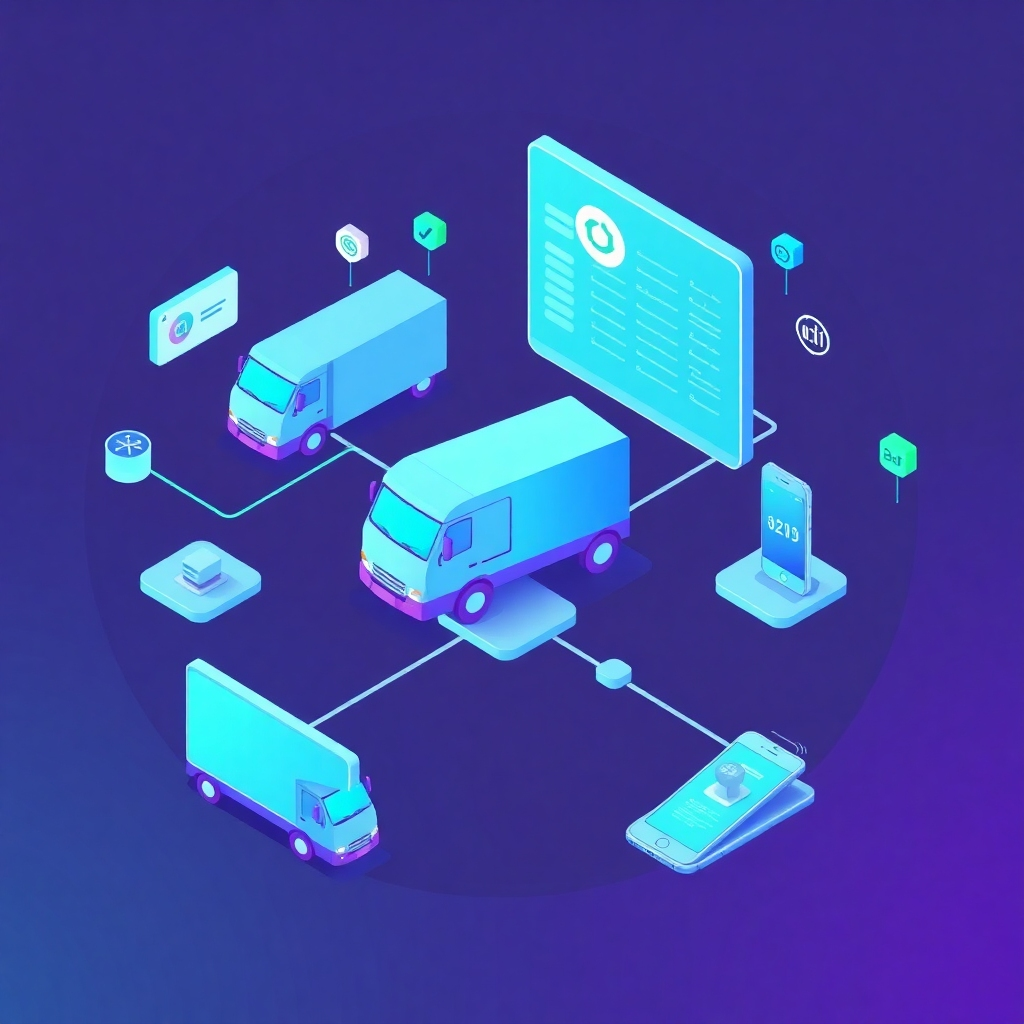 Create a stylized image illustrating Hilsos's technology integration. The image should feature a network of interconnected devices, including delivery trucks, computers, and mobile phones. The color palette should be modern and futuristic, using blues, purples, and greens. The style should be clean and graphic, with a focus on connectivity and efficiency. Relevant elements include data streams, network icons, and a centralized dashboard.