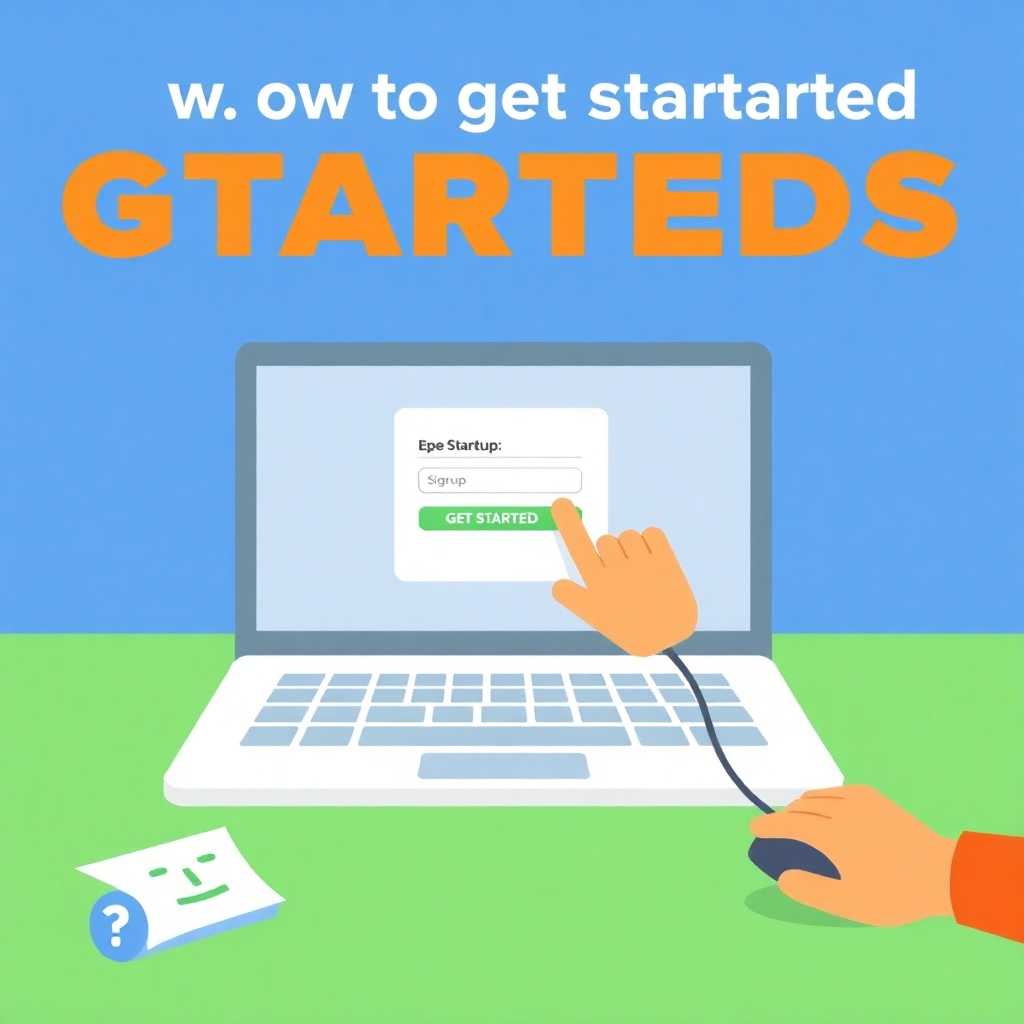 Create a stylized image illustrating the ease of getting started with Hilsos. The image should feature a simple signup form on a laptop screen, with a hand clicking a 'Get Started' button. The color palette should be inviting and user-friendly, using blues, greens, and oranges. The style should be clean and modern, with a focus on simplicity and clarity. Relevant elements include a laptop, a mouse, and a friendly user interface.