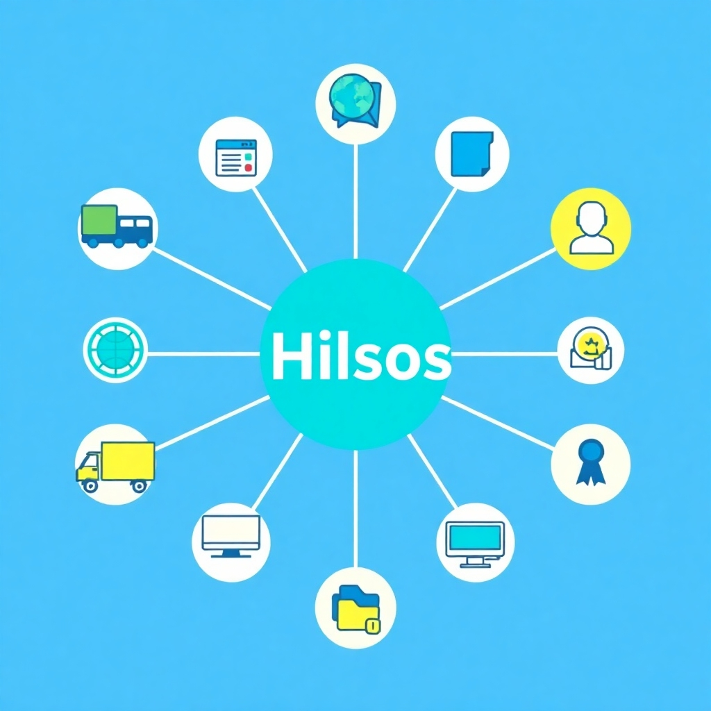 Create a stylized image representing the concept of Hilsos as a central hub for business solutions. The image should feature a central icon representing Hilsos, with radiating lines connecting it to various icons representing courier services, virtual office spaces, and customer support. The color palette should be bright and modern, using blues, greens, and yellows. The style should be clean and graphic, with a focus on simplicity and clarity. Relevant elements include a globe, a delivery truck, and a computer monitor.
