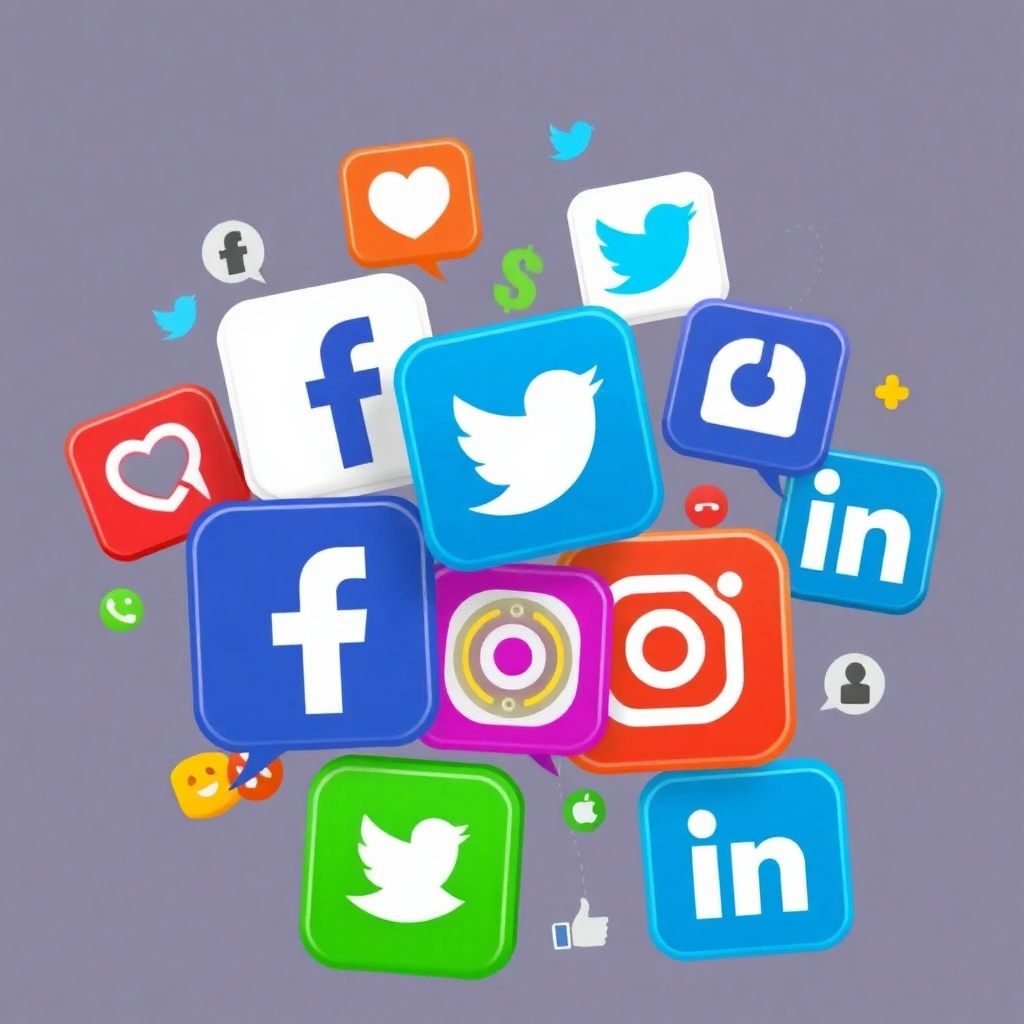 Create a stylized image showcasing Hilsos's social media presence. The image should feature a collection of social media icons, including Facebook, Twitter, and LinkedIn, arranged in a dynamic and engaging layout. The color palette should be vibrant and attention-grabbing, using the colors associated with each social media platform. The style should be modern and interactive, with a focus on connectivity and engagement. Relevant elements include social media logos, profile pictures, and news feeds.