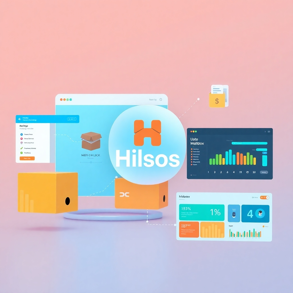 Create a photorealistic image of the entrance to Hilsos's virtual office. The image should feature a modern and welcoming reception area, with a Hilsos logo prominently displayed. The lighting should be bright and inviting, with a color palette of neutral tones. The style should be clean and professional, with a focus on hospitality and customer service. Relevant elements include a reception desk, comfortable chairs, and a welcoming receptionist.