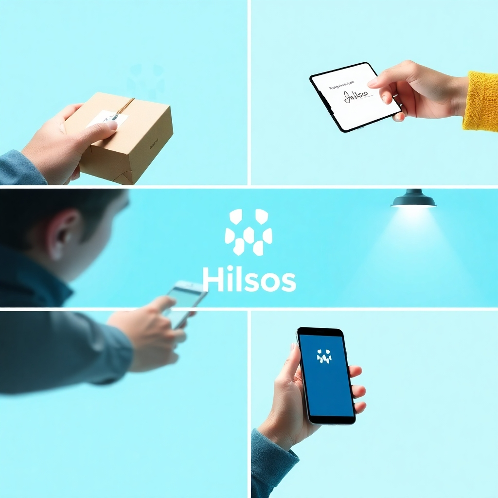Create a photorealistic image showcasing various communication channels for Hilsos. The image should feature a hand holding a smartphone displaying the Hilsos contact page, surrounded by icons representing email, phone, and social media. The lighting should be inviting and accessible, with a color palette of warm tones. The style should be clean and modern, with a focus on connectivity and communication. Relevant elements include a smartphone, a laptop, and a friendly user interface.